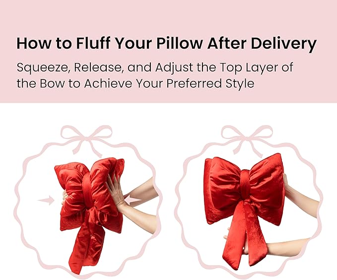 AELS Bow Pillow Decorative Throw Pillow, Shining Velvet Cute Pillow, 15.3"" & 13.7"" for Valentine's Day, Wedding, Christmas, Living Room, Bedroom, Nursery Decor, Red