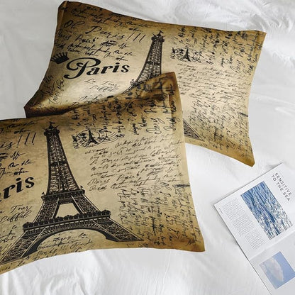 Comforter Set King Size, Paris Eiffel Tower 7 Pcs Bedding for Kids and Adults, Love Retro Brown Bed Sheet Sets with Fitted Sheet 2 Pillowcases & 2 Shams for Bedroom Bed Decor