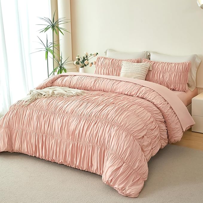 PERFEMET Blush Comforter Set Twin Size 5-Piece Boho Ruched Comforter with Sheet Set Soft Luxury Fluffy Pleated Textured Bed in a Bag All Season Farmhouse Ruffled Bedroom Set(Blush, Twin)