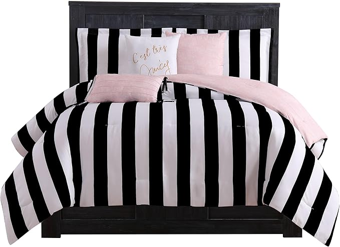 Juicy Couture – Comforter Set, Cabana Stripe Design, Twin Bedding, 5 Piece Set Includes 1 Comforter, 1 Sham and 3 Decorative Pillows, 100% Microfiber Polyester, Wrinkle Resistant