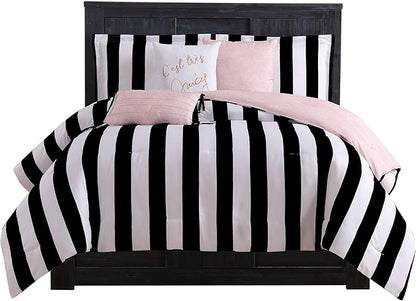 Juicy Couture – Comforter Set, Cabana Stripe Design, Twin Bedding, 5 Piece Set Includes 1 Comforter, 1 Sham and 3 Decorative Pillows, 100% Microfiber Polyester, Wrinkle Resistant