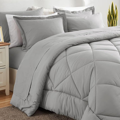 CozyLux Oversized Queen Comforter Set Light Grey, 7 Pieces Bed in a Bag Comforter Set with Sheets Luxury Bed Set All Seasons, Bedding Set with Down Alternative Comforter, Sheets, Pillowcases & Shams