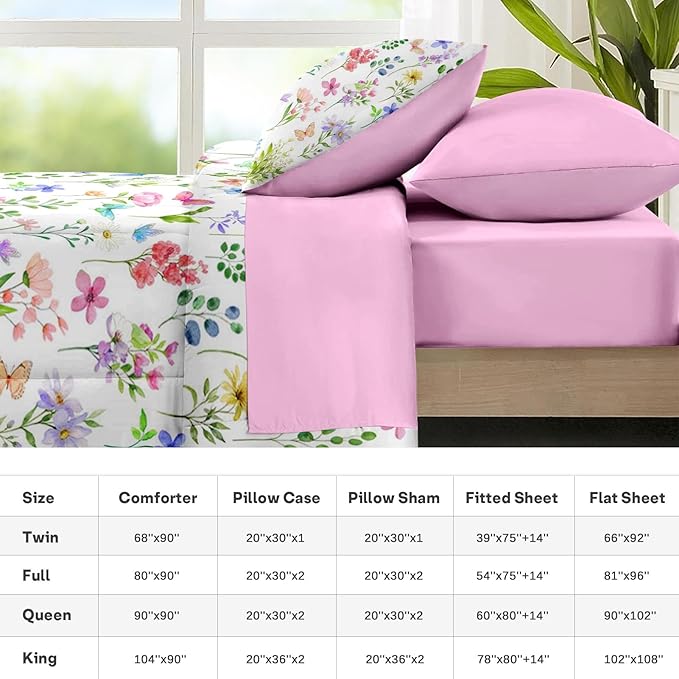 Nesker 7 Pcs Spring Comforter Set Full Size, Pastel Floral Bedding Set for Kids and Adults, Colorful Pink Butterfly Bed Sheet Sets with Fitted Sheet 2 Pillowcases & 2 Shams