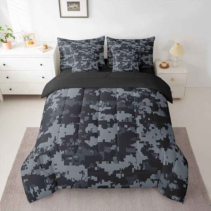 Miner Theme 7 Piece Comforter Set Queen Size,Grey Black Camo All Season Reversible Bed in a Bag Pixel Grid Bedding Sets Abstract Geometric Flat Sheet,Fitted Sheet,Pillowcases