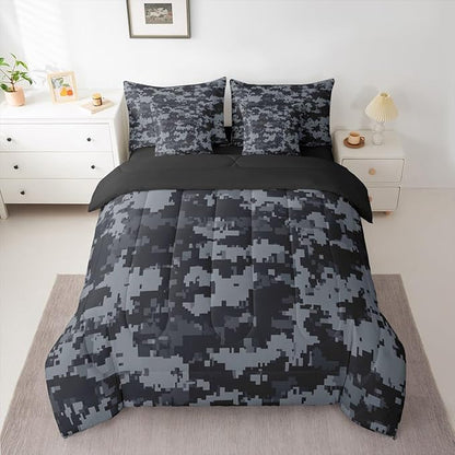 Miner Theme 7 Piece Comforter Sets King Size,Grey Black Camo All Season Reversible Bed in a Bag Pixel Grid Bedding Sets Abstract Geometric Flat Sheet,Fitted Sheet,Pillowcases
