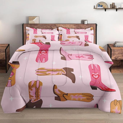 Comforter Set Full Size, Retro Cowgirl Western Soft 3 Pcs Bedding for Kids and Adults, Vintage Cowboy Aesthetic Comforter Set with 2 Pillowcases, for Bedroom Bed Decor