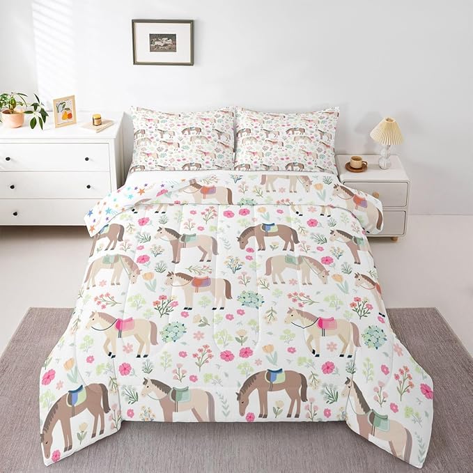 Bohemian Horse Bedding Sets Twin Size,Rustic Farmhouse Comforter Set 2Pcs for Kids Girls Boys Women Room Decor,Pink Flower Leaves Quilted Duvet Wild Animals Plant Down Comforter,1 Pillowcase