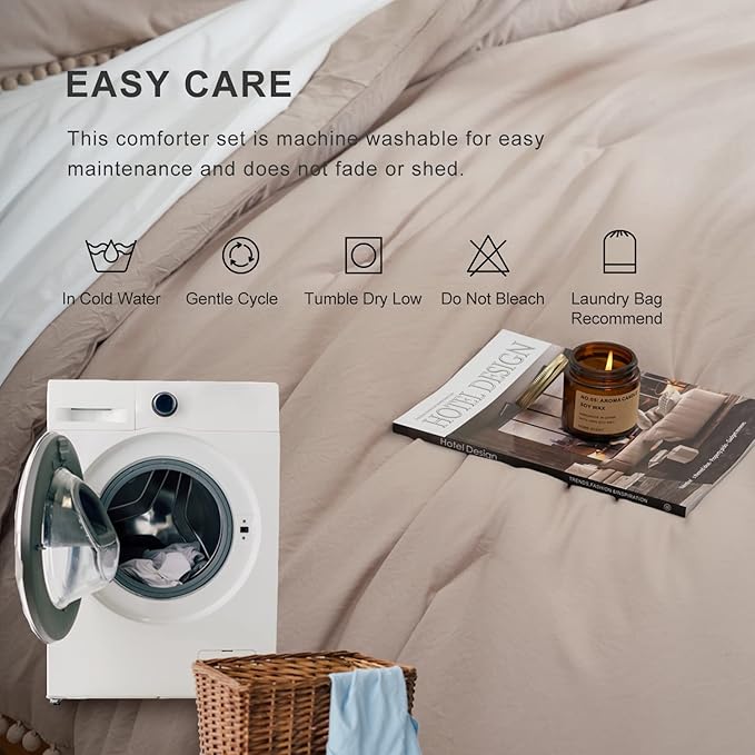 MUKKA King Comforter Set 5-Piece Comforter Set King Size Khaki, Boho Pom Pom Fringe Comforter Set King Size Tan, Bedding Comforter Set Taupe with 2 Pillowcases,2 Pillowshams