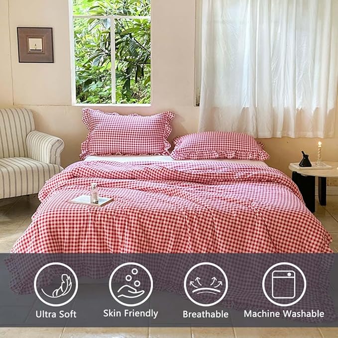NSNLGSGC Red Ruffle Gingham Comforter Set Queen, Pre-Washed Ruffled Plaid Checked Comforter Bedding, 3 Pieces Vintage Farmhouse Grid Bedding Set(Red Gingham, Queen)
