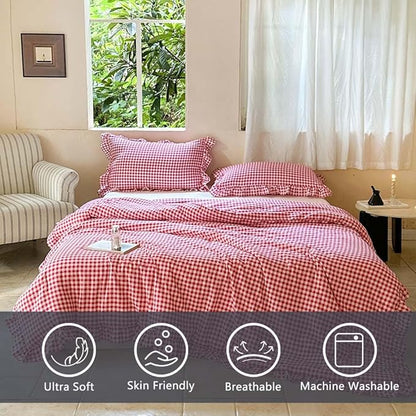 NSNLGSGC Red Ruffle Gingham Comforter Set Queen, Pre-Washed Ruffled Plaid Checked Comforter Bedding, 3 Pieces Vintage Farmhouse Grid Bedding Set(Red Gingham, Queen)