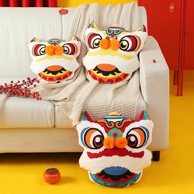 Chinese New Year 2026 Lion Pillow, Red Lion Head Throw Pillows Lion Dance Cushion New Year Decorations Cute Chinese Gifts for Friends(45x48cm)