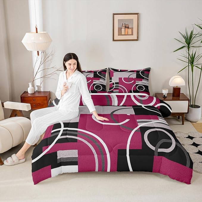 Erosebridal Modern Red Gray Black Bedding Queen Size Abstract Circles Striped Comforter Set Geometric Spiral Checkered Duvet Insert Chic Texture Quilted Comforter Bedroom Decor with 2 Pillow Covers