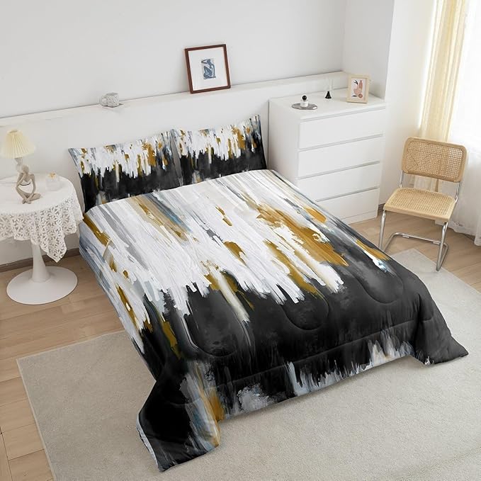 Erosebridal Black Grey Bedding King Brush Strokes Oil Painting Comforter Set, Gradient Abstract Chic Vintage Duvet Insert Ombre Graffiti Down Comforter, Contemporary Modern Bedding Comforter Sets