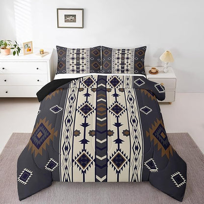Erosebridal Aztec Geometric Comforter Set Queen,Vintage Western Boho Bedding Set Southwestern Ethnic Tribal Bedding Comforter Sets for Kids Boys Adults Men American Native Quilt Duvet Black Brown