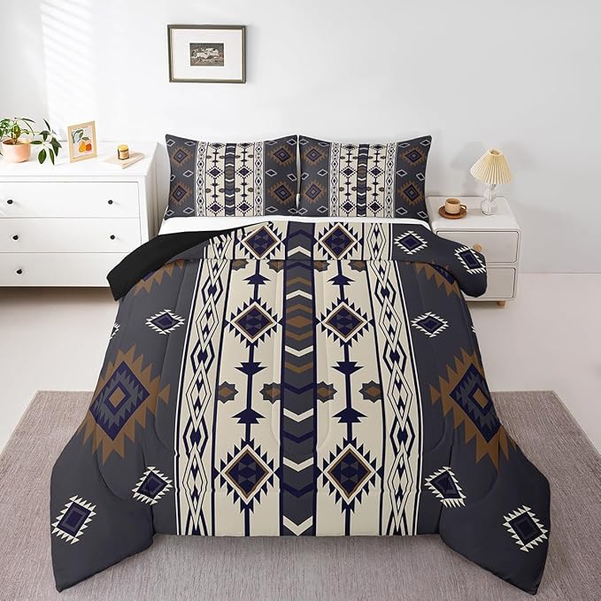 Erosebridal Aztec Geometric Comforter Set Twin,Vintage Western Boho Bedding Set Southwestern Ethnic Tribal Bedding Comforter Sets for Kids Boys Adults Men American Native Quilt Duvet Black Brown