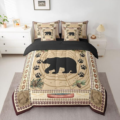 Erosebridal Bear 7 Piece Comforter Set Queen Rustic Cabin Decor Bedding Set Kids Teens Tribal Wild Animals Bed in A Bag Western Aztec Quilt Stump Bear Paw Print Sheet Set Exotic Nordic Style