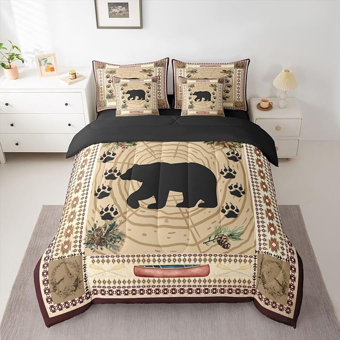 Erosebridal Bear 7 Piece Comforter Set Twin Rustic Cabin Decor Bedding Set Kids Teens Tribal Wild Animals Bed in A Bag Western Aztec Quilt Stump Bear Paw Print Sheet Set Exotic Nordic Style