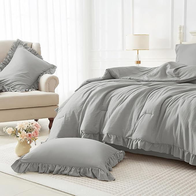 ARTALL Twin Comforter Set Reyna Ruffled Comforter Sets 2 Pieces with 1 Pillow Sham, Vintage Farmhouse Shabby Chic Bedding Soft Fluffy Comforter Set All Season for Teens and Girls, Light Grey