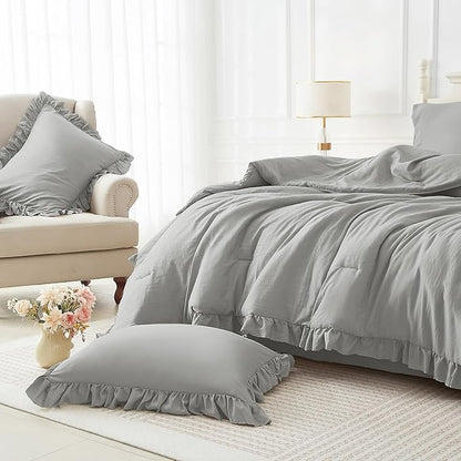 ARTALL Twin Comforter Set Reyna Ruffled Comforter Sets 2 Pieces with 1 Pillow Sham, Vintage Farmhouse Shabby Chic Bedding Soft Fluffy Comforter Set All Season for Teens and Girls, Light Grey