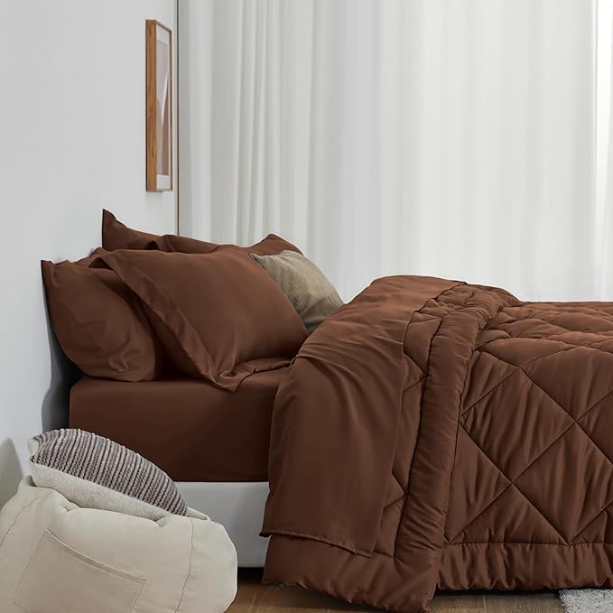 Love's cabin King Size Comforter Set Brown, 7 Pieces King Bed in a Bag, All Season Bedding Sets with 1 Comforter, 1 Flat Sheet, 1 Fitted Sheet, 2 Pillowcase and 2 Pillow Sham
