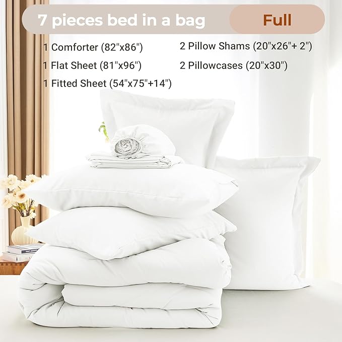MUXHOMO 7 Pieces Full Comforter Set, Soft Bed in a Bag Full Size, All Season Bedding Set with Comforter, Flat Sheet, Fitted Sheet, Pillowcases & Shams, White