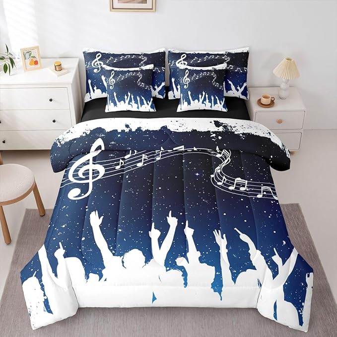Erosebridal Music Note Stave White Blue King 7-Piece Comforter Set | Starry Sky Sheets and Pillowcases Piano Swirl Guitar Bed in A Bag Aesthetic Kids Adults Bed Sets