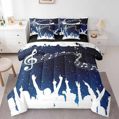 Erosebridal Music Note Stave White Blue King 7-Piece Comforter Set | Starry Sky Sheets and Pillowcases Piano Swirl Guitar Bed in A Bag Aesthetic Kids Adults Bed Sets