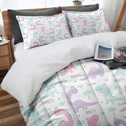 Princess Dinosaur Animal Comforter Set for Girls Kids Toddlers Teens Adults Queen, Cute Dino Pink Bedding Sets Water Washed Microfiber Bedding with 1 Comforter 2 Pillowcase All Season