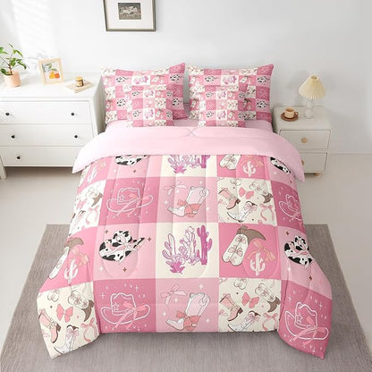 Feelyou Pink Western Decor Comforter Set with Sheets Full Size Kids West Cowboy Plaid 7 Pieces Bedding Set for Boys Girls Teens Rodeo Cowboy Grid Bed in a Bag Grunge Design Bed Set Cactus