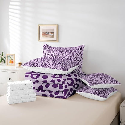 Feelyou Cute Leopard Bedding Set for All Season Cheetah 7 Pieces Comforter Sets Queen Size Teens Room Decor Purple Animal Print Bed in a Bag with Comforter, Sheets, Pillowcases & Cushion Cover