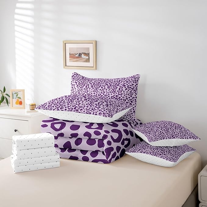 Feelyou Cute Leopard Bedding Set for All Season Cheetah 7 Pieces Comforter Sets Twin Size Teens Room Decor Purple Animal Print Bed in a Bag with Comforter, Sheets, Pillowcases & Cushion Cover