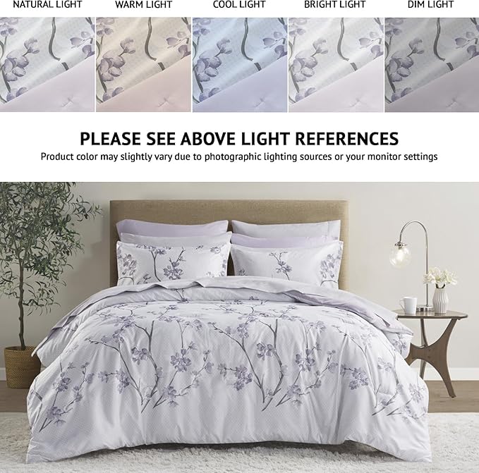 Comfort Spaces Bed in A Bag - Trendy Casual Design Cozy Comforter with Complete Sheet Set with Side Pocket, All Season Cover, Matching Shams Queen(90"x90"), Kate, Grey/Purple 9 Piece