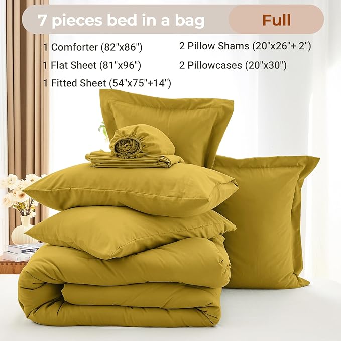 MUXHOMO 7 Pieces Full Comforter Set, Soft Bed in a Bag Full Size, All Season Bedding Set with Comforter, Flat Sheet, Fitted Sheet, Pillowcases & Shams, Mustard Yellow