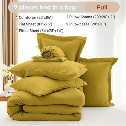 MUXHOMO 7 Pieces Full Comforter Set, Soft Bed in a Bag Full Size, All Season Bedding Set with Comforter, Flat Sheet, Fitted Sheet, Pillowcases & Shams, Mustard Yellow