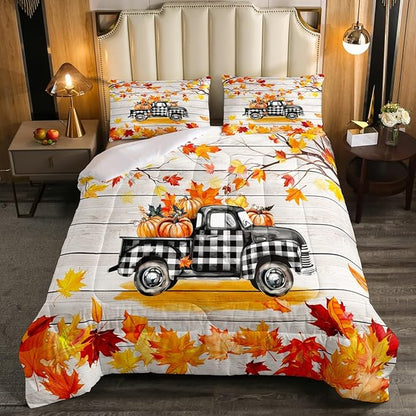 Fall Plaid Pumpkin Truck Bedding Set For Home Full,Rustic Farmhouse Barn Door Comforter Set Autumn Harvest Thanksgiving Comforter Gifts For Kids,Red Gold Watercolor Maple Leaf Retro Quilt Duvet 3 Pcs