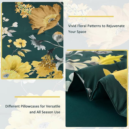 DJY Floral Comforter Set Queen Size 7 Pieces Teal Green Floral Bed in a Bag with Flower Leaves Pattern, Soft Microfiber Botanical Comforter and Sheet Set All Season Bedding Set(90''x90'')