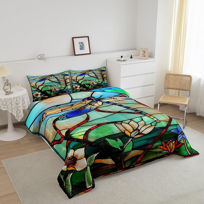 Erosebridal Boho Dragonfly King Comforter Set Exotic Dragonfly Flowers Bedding Set for Kids Adults Women,Rustic Lotus Floral Down Comforter Glass Style Art Animal Quilt Duvet Green Teal Blue