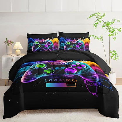 Video Game Comforter Set Full，Game Themed Bedding 7 Pieces Sets for Boys，Game Over Bedroom Decor，(1 Comforter, 1 Flat Sheet, 1 Fitted Sheet, 2 Pillowcase and 2 Pillow Sham)