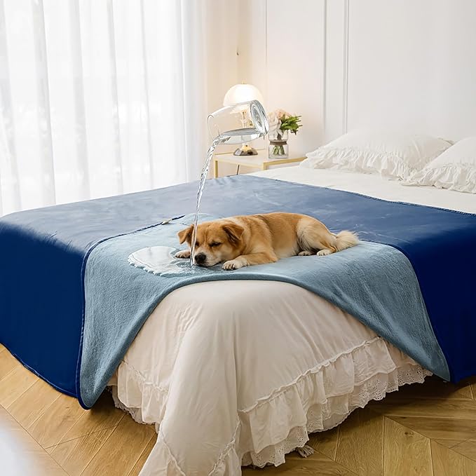 Waterproof Blanket for Bed King Size, Leak Proof Dog Couch Blankets Reversible, Pet Throw Sofa Furniture Protector Machine Washable-82 x108,Navy Blue+Stone Blue