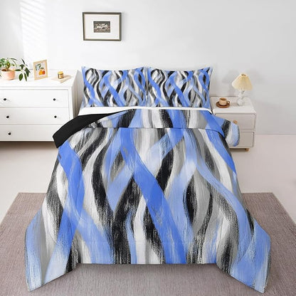 Erosebridal Geometric Stripes Comforter Full Modern Abstract Comforter Set Grey Black Blue Bedding Set for Kids Boys Girls Teen Swirl Lines Quilt Duvet Room Decor 3 Pcs