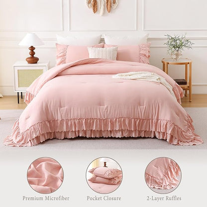 Herside Pink Ruffle Comforter Set Queen Size,Shabby Chic Boho Bedding Sets, Soft Fluffy Comforters Sets for All Season,Vintage Ruffled 3 Pcs Microfiber Lightweight Quilt Set for Women Girls