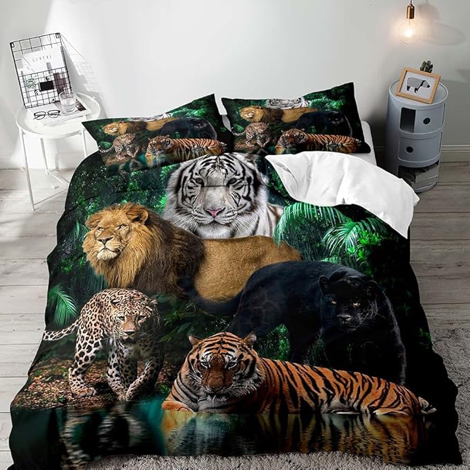 LUVIVIHOME 3PCS Leopard Cheetah Black Panther White Tiger Lion Duvet Cover Full Bedding Set, Men Kids Teen Boys Bedding, Tropical Jungle Safari Animals Comforter Bedspread Quilt Cover, 2 Pillow Shams