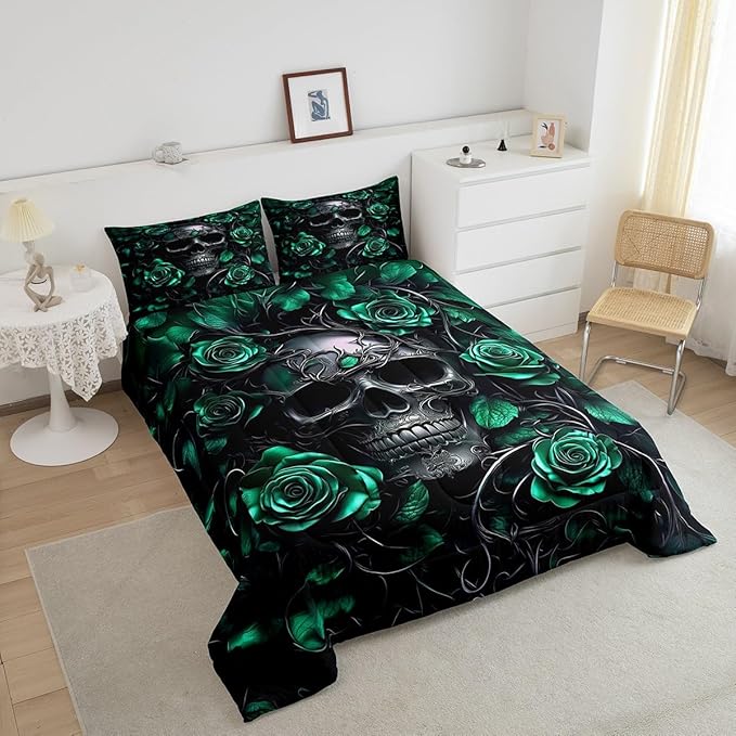 Erosebridal Adults Gothic Comforter Set Bohemian Boho Goth Bedding Full Size Vintage Horror Skull Bed Sets Sage Green Rose Baroque Victorian Romantic Rose Duvet Insert,Halloween Gothic Decor