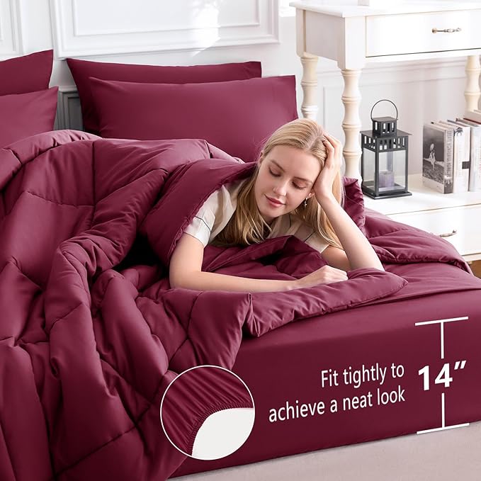 CozyLux Full Size Comforter Sets Burgundy, 7 Pieces Bed in a Bag, Red Comforter Full Size, All Season Bedding Sets with Stitch Quilted Comforter, Flat Sheet, Fitted Sheet, Pillowcases