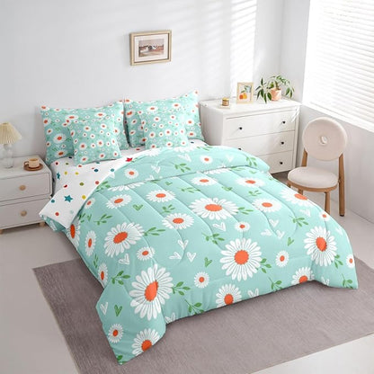 Feelyou Daisy Comforter Set with Sheets 7 Piece Twin Size Botanical Floral Printed Bedding Set for Kids Boys Girls Garden Plants Design Bed in a Bag Blue Room Decor Soft Lightweight Microfiber