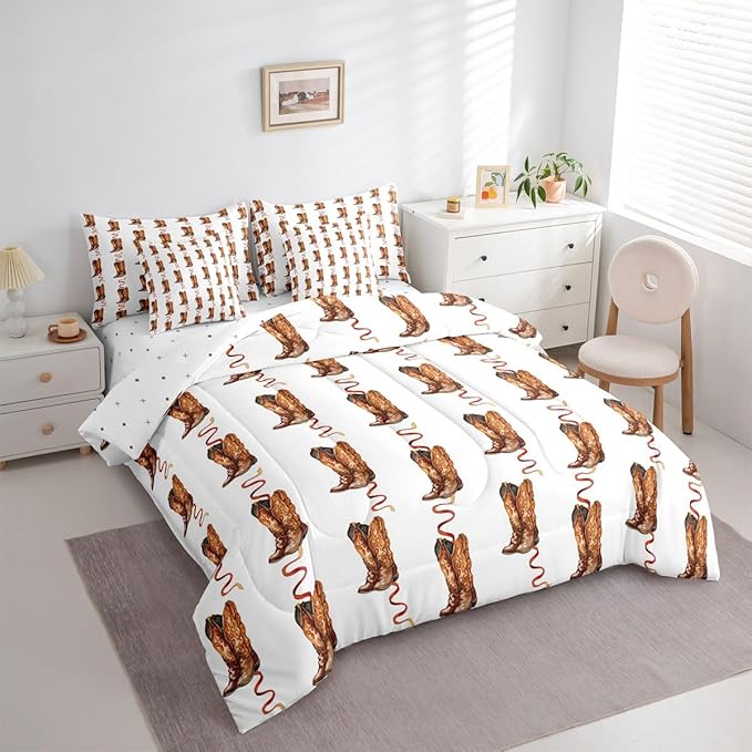 Erosebridal Western Cowboy Bed in A Bag Twin | Retro Cowboy Boots Bohe 7 Piece Comforter Set Hippie Pastoral Sheet Set Reversible Vintage Abstract Hippy Fitted Sheet Breathable Lightweight