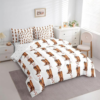 Erosebridal Western Cowboy Bed in A Bag Twin | Retro Cowboy Boots Bohe 7 Piece Comforter Set Hippie Pastoral Sheet Set Reversible Vintage Abstract Hippy Fitted Sheet Breathable Lightweight