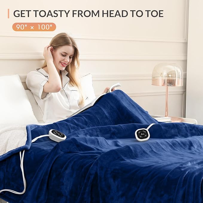HOMLYNS LuxeHeat Heated Blanket Electric Blanket King Size, Soft Flannel Sherpa Heating Blanket with 10 Heat Settings, 1-10 hrs Timer Auto Shut Off (90x100 inches, Navy)