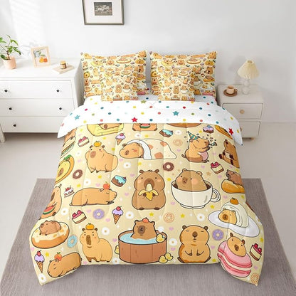 Cute Capybaras 7 Pieces Bedding Set Twin Size,Funny Rodent Animals Bed in a Bag,Capybara Themed Bed Set Includes Comforter,Sheet Set,Pillowcases & Pillow Covers,Yummy Donut Cakes Bedroom Decor