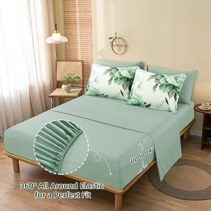 Dobuyly Green Comforter Set King Size 7 Piece Bed in a Bag King, Sage Green Floral Printed Comforter Set with Sheets, Soft Microfiber Botanical Flower Complete Bedding Set for All Season